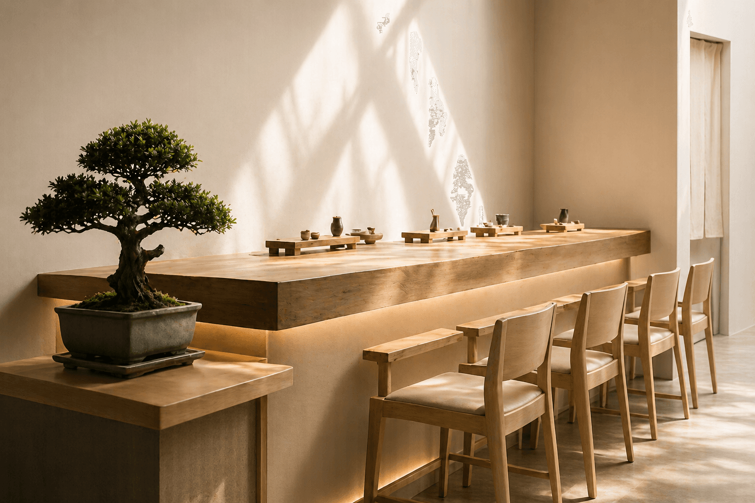 Interior del restaurante Asahi en Pereira — iluminación cálida y bonsái
